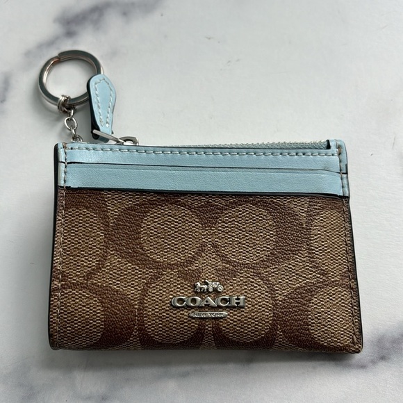 Coach Mini Skinny Id Card Case Wallet in Signature Print Blue and Brown - Picture 1 of 11